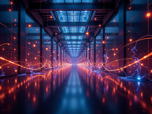 Distributed computing architecture diagram, multiple connected servers and data centers, futuristic technology visualization